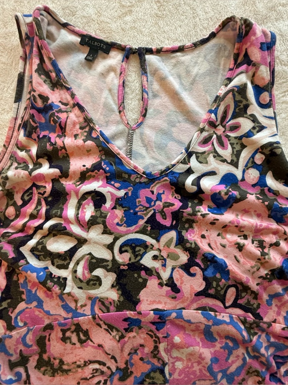 Talbots Casual Summer Scroll Print Maxi Dress Large Pink Blue Jersey A-Line - Picture 4 of 8